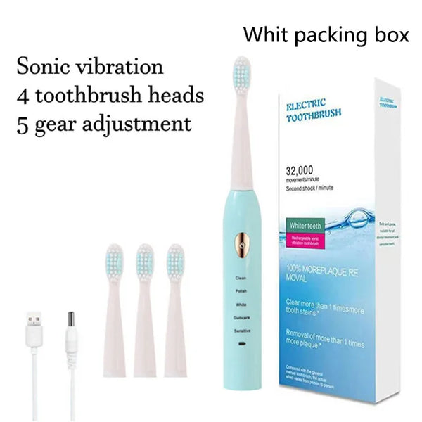 Toothink Ultrasonic Electric Toothbrush – 5 Modes, USB Rechargeable (4 Brush Heads)
