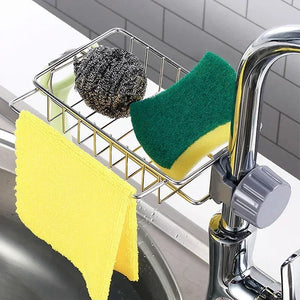 Stainless Steel Faucet Sink Organizer – Drain Rack Sponge Holder with Towel Bar
