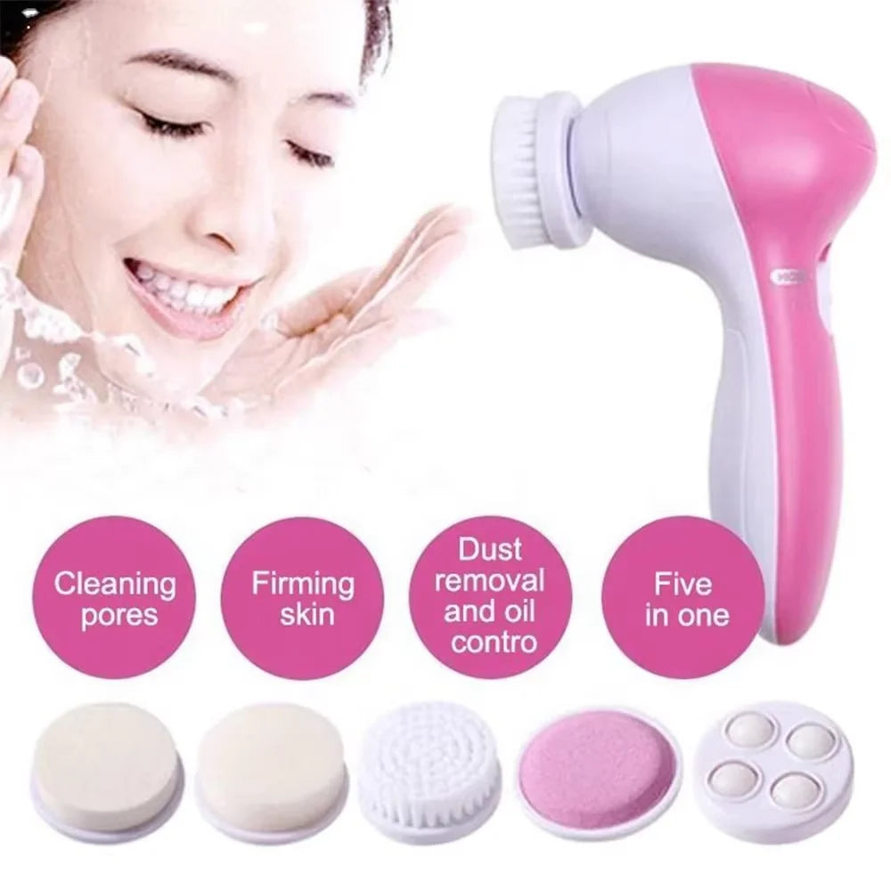 5-in-1 Electric Facial Cleansing Brush – Deep Clean, Blackhead Remover & Massage Spa Tool