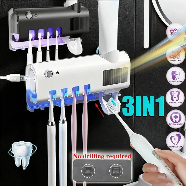 3-in-1 Electric Toothbrush Holder with UV Blue Light Sanitizer & Automatic Toothpaste Dispenser