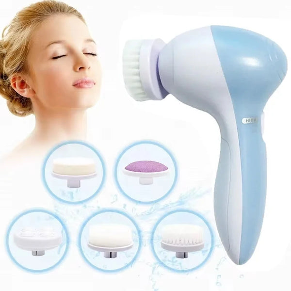 5-in-1 Electric Facial Cleansing Brush – Deep Clean, Blackhead Remover & Massage Spa Tool