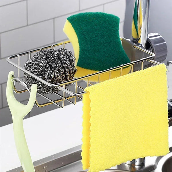 Stainless Steel Faucet Sink Organizer – Drain Rack Sponge Holder with Towel Bar