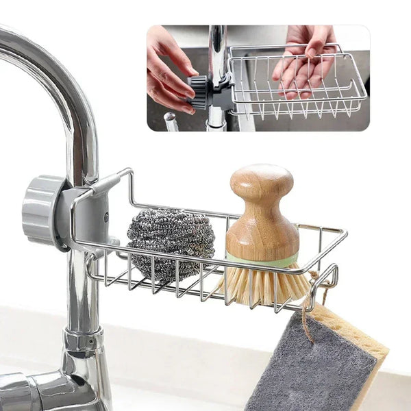 Stainless Steel Faucet Sink Organizer – Drain Rack Sponge Holder with Towel Bar