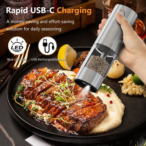 Electric Salt & Pepper Grinder – USB Rechargeable Stainless Steel Spice Mill with Adjustable Coarseness