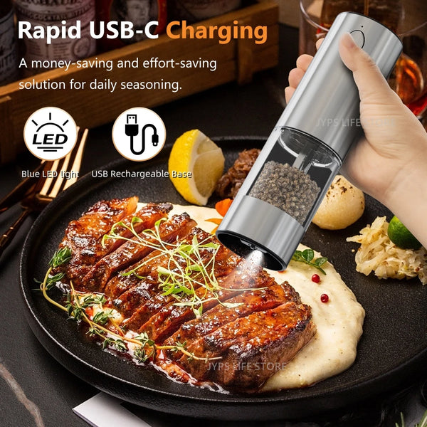 Electric Salt & Pepper Grinder – USB Rechargeable Stainless Steel Spice Mill with Adjustable Coarseness