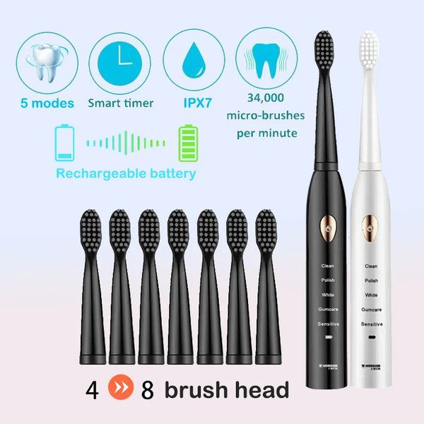 Toothink Ultrasonic Electric Toothbrush – 5 Modes, USB Rechargeable (4 Brush Heads)